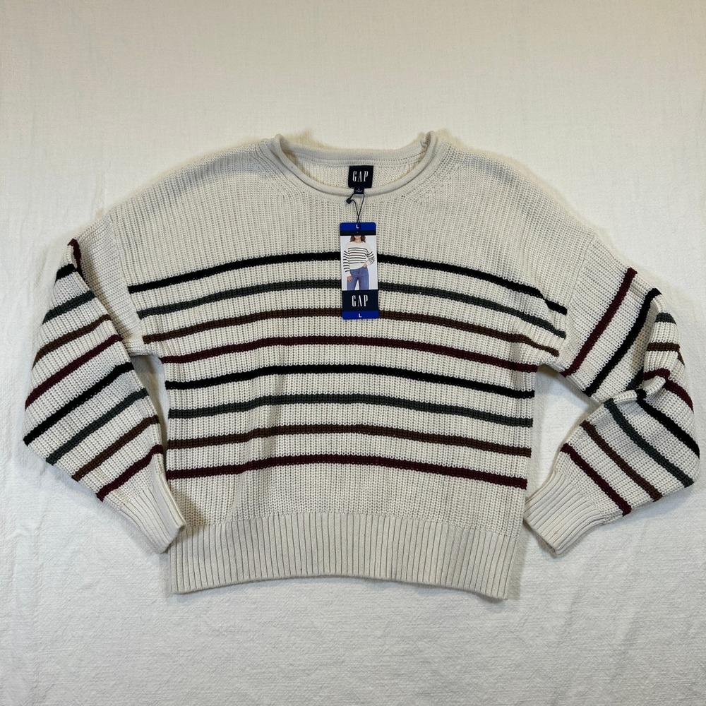 Gap Women Shaker Stitch 100% Cotton Sweater Cream Multi Stripe Crewneck Lg NWT